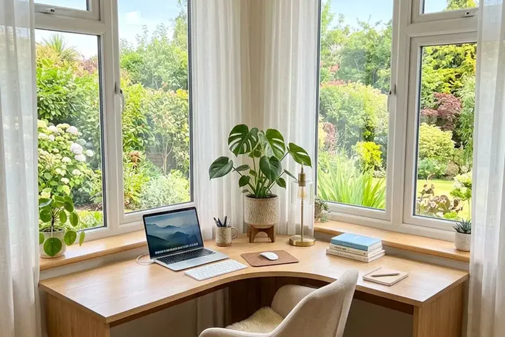 Corner desk under windows looking out over a green garden.