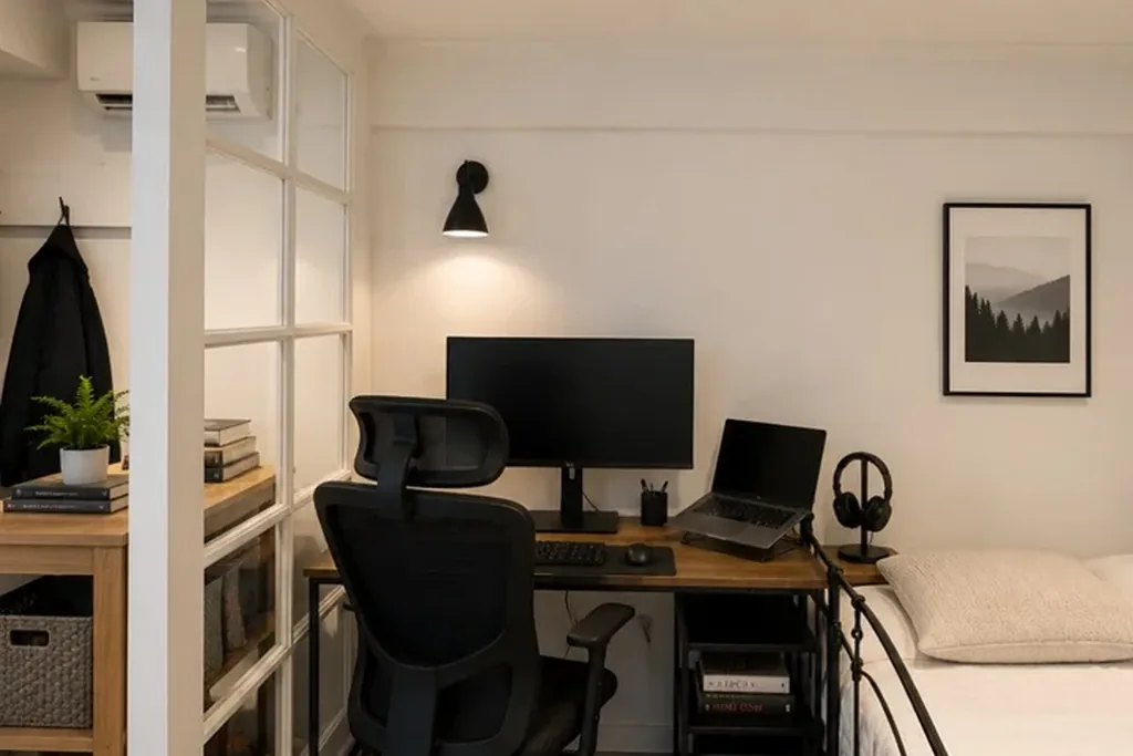 Small studio space divided into work and rest zones with shelving.