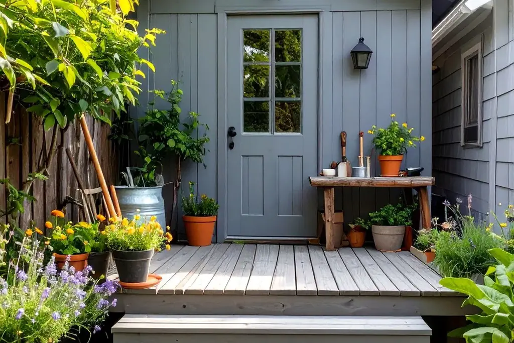 Small garden studio with a low deck and steps at its entrance.