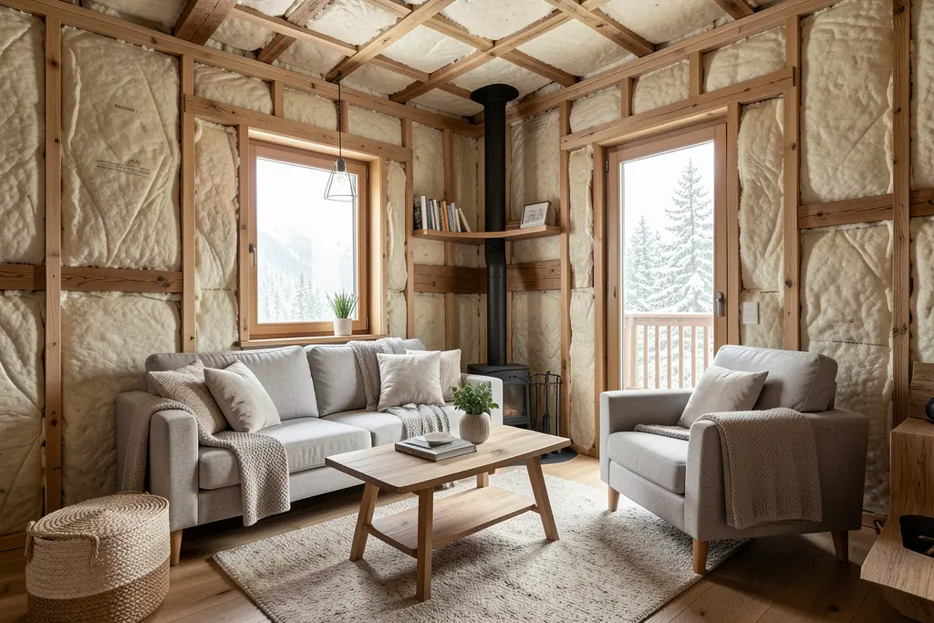 Timber studio interior with insulated walls, seating, and a small stove.