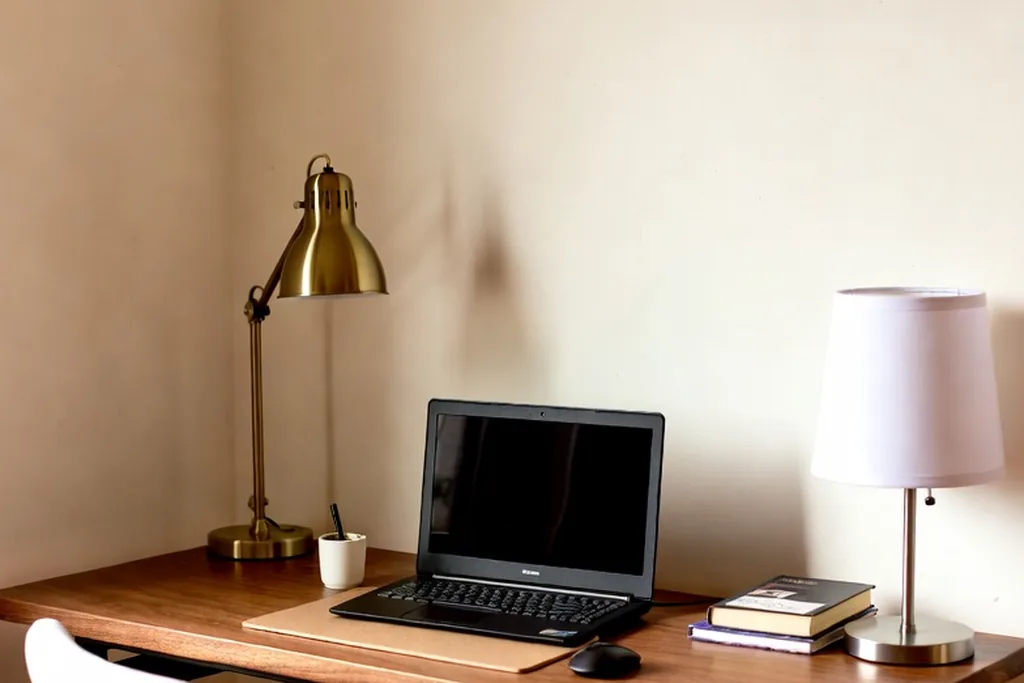 Compact desk setup with a laptop and a brass desk lamp.