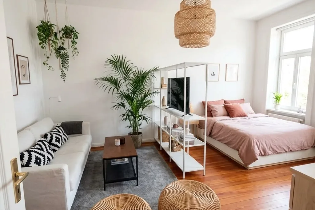 Studio room with a wood floor, a rug, and woven floor cushions.