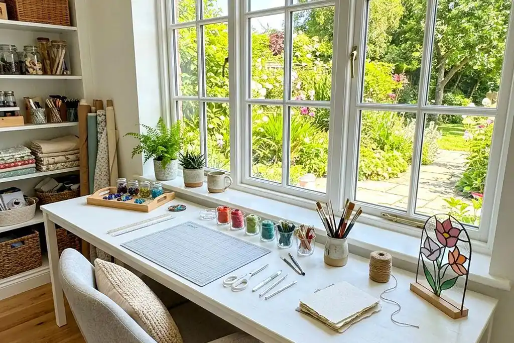 Long work table placed under wide windows in a bright studio.
