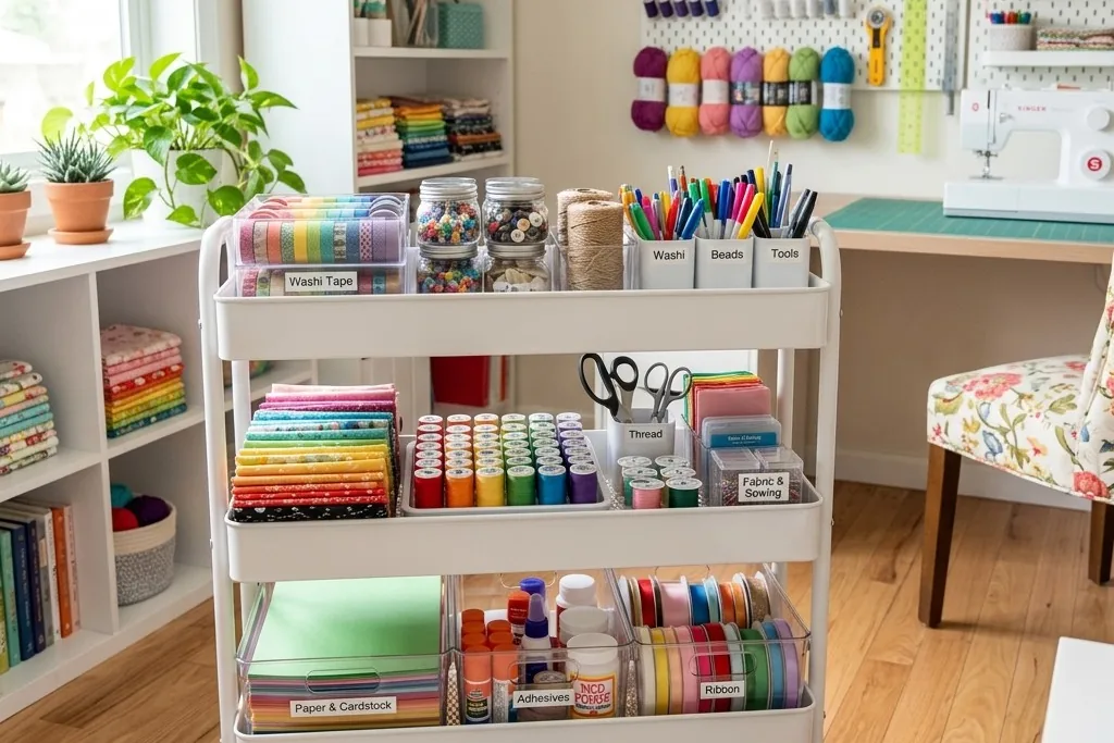 Rolling cart loaded with craft supplies beside a sewing desk.