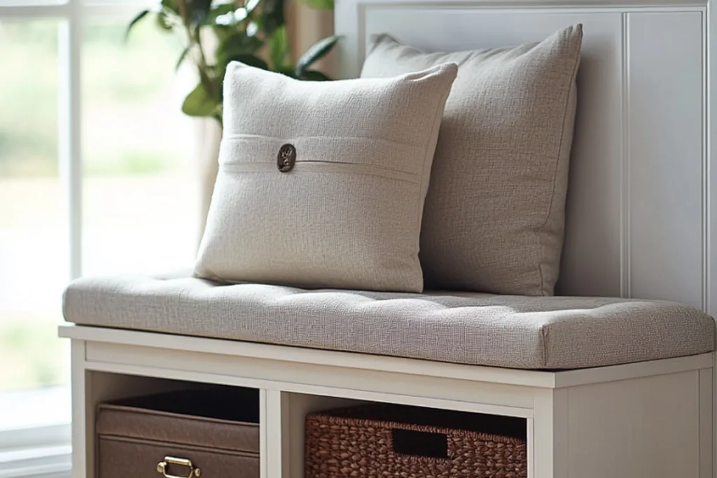 Storage bench with baskets and cushions beside a studio window.