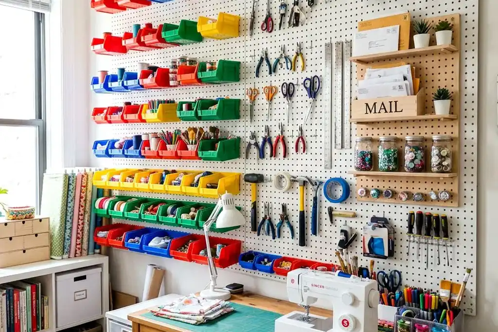 Pegboard wall holding colorful craft tools above a workbench.