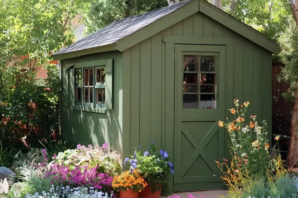 Green painted garden studio set among flower borders and trees.