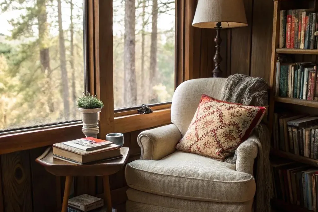 Armchair and floor lamp forming a reading corner by cabin windows.