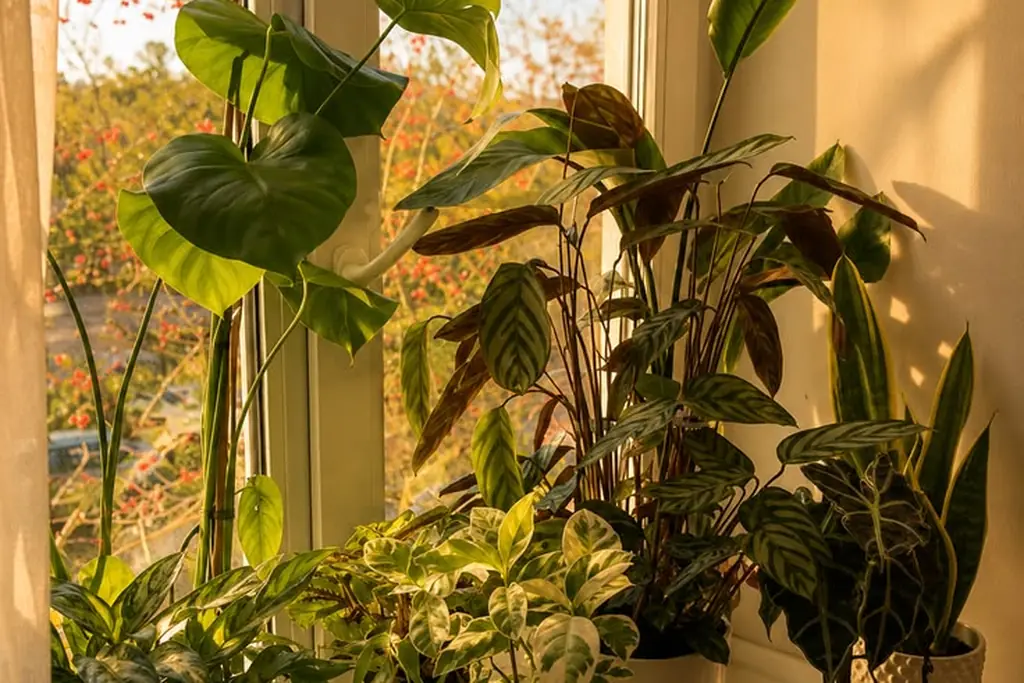 Potted plants gathered on a sunny studio windowsill.