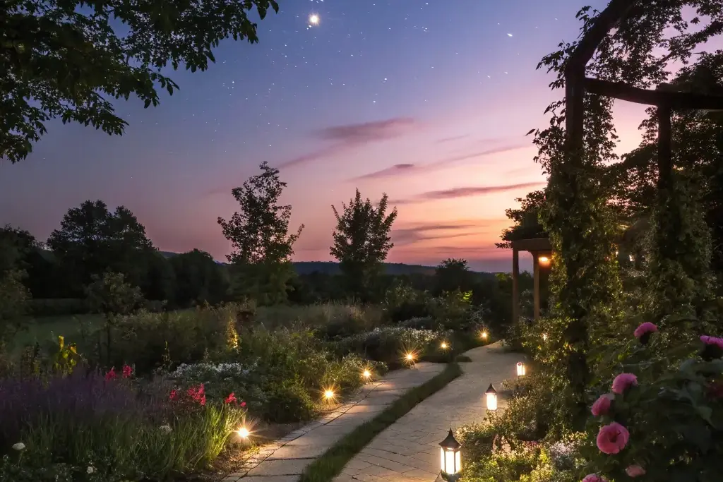 Garden path picked out with small lights at dusk.