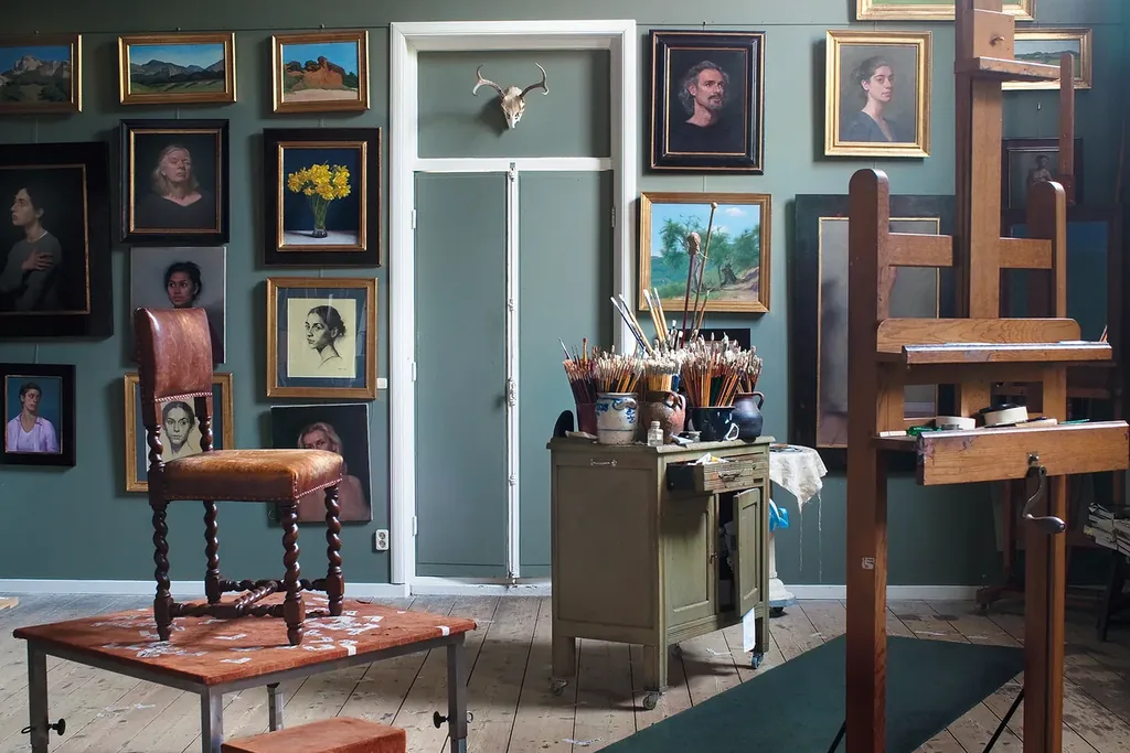 Art studio wall covered with framed pictures above work tables.