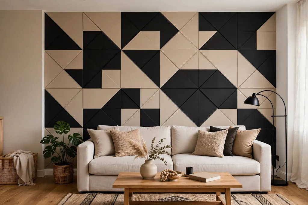 Geometric black and beige accent wall behind a plain sofa.