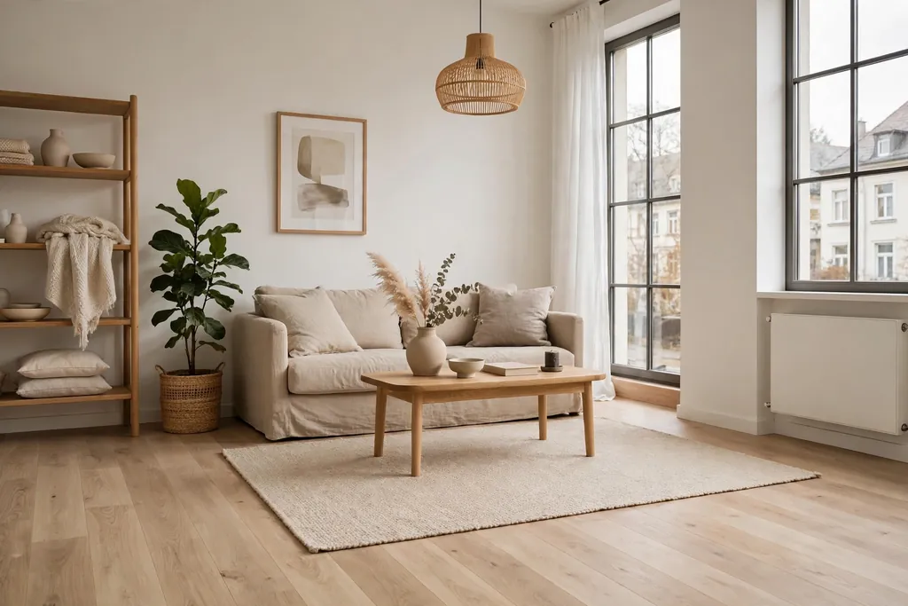 German living room with pale oak floors, warm white walls, and a plain wool rug.