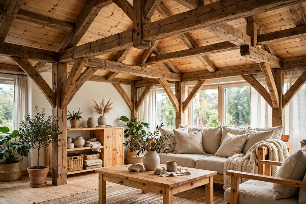 Living room ceiling with timber frame beams over a pine furnished room.