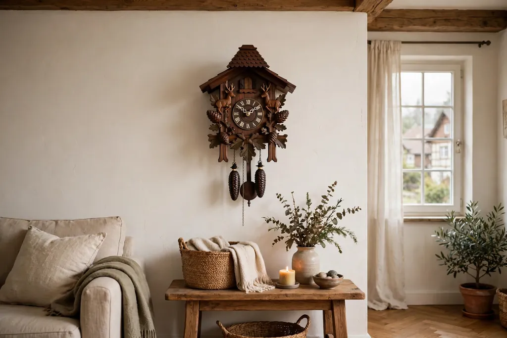 Cuckoo clock on a warm white wall in a German living room.