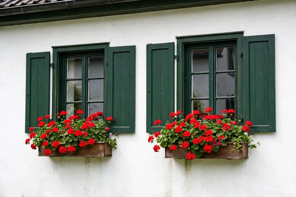 Window boxes with red geraniums on a white German house wall.