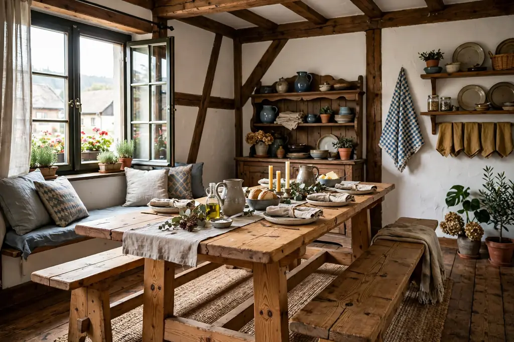 Long pine dining table with benches in a German dining room.