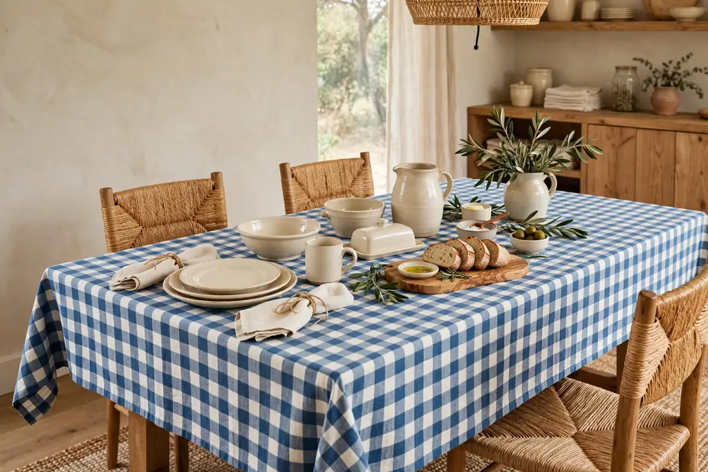 Dining table with a blue and white checked tablecloth and cream stoneware.