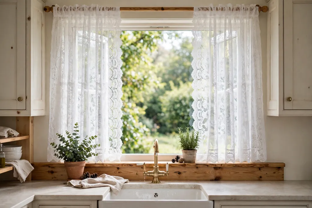 Kitchen window with white lace cafe curtains and a pine sill.