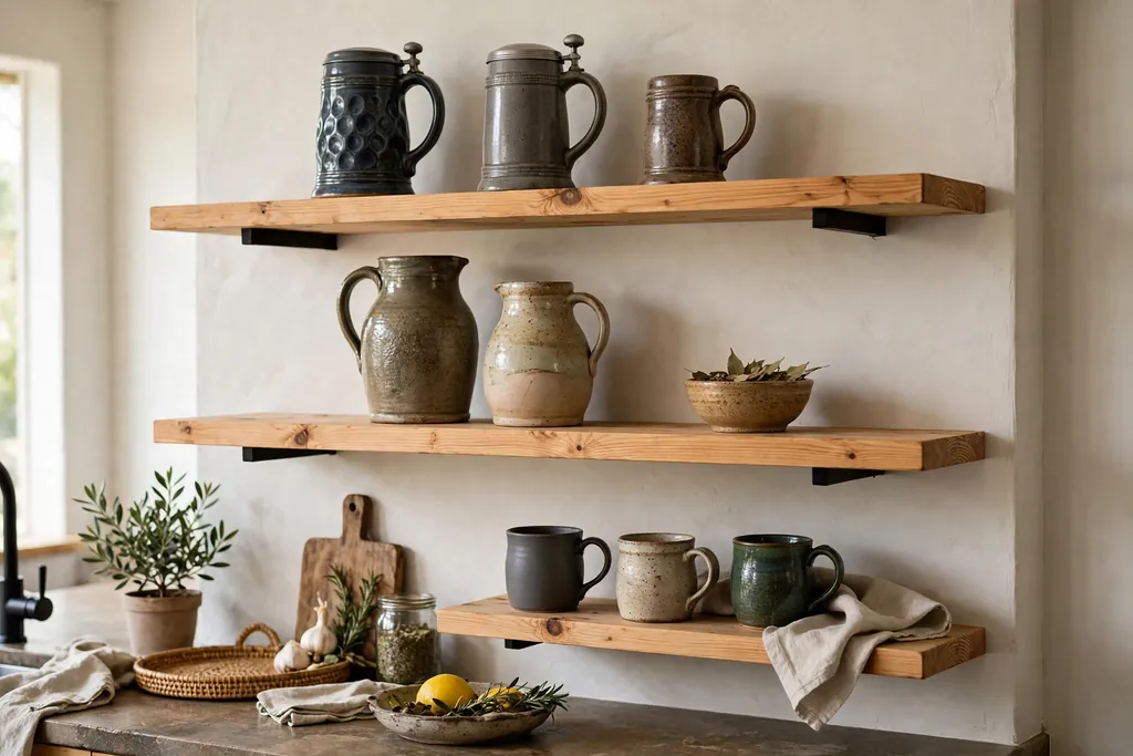 Open pine shelves holding stoneware steins, jugs, and mugs.