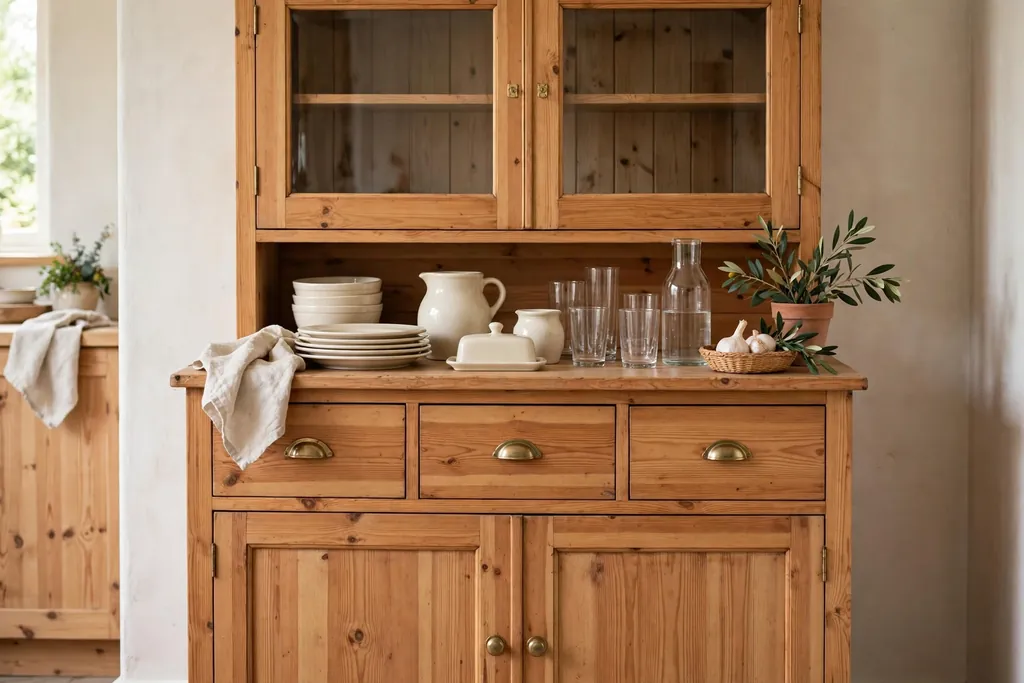 Pine kitchen dresser styled with cream crockery and plain glassware.