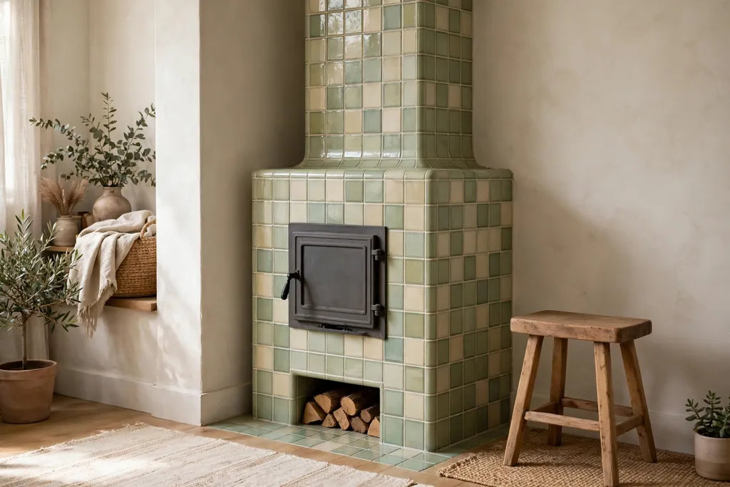 Living room corner with a ceramic tiled stove and a wood stool.