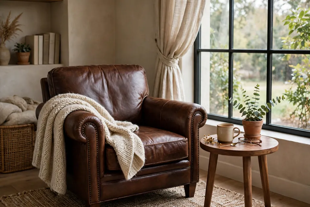 Reading corner with a leather armchair, wool throw, and small side table.