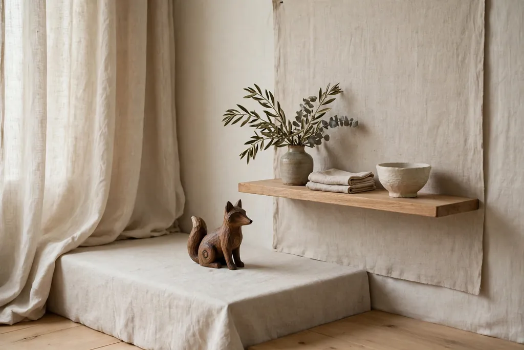 Shelf with a small carved wood figure beside a plain linen room.