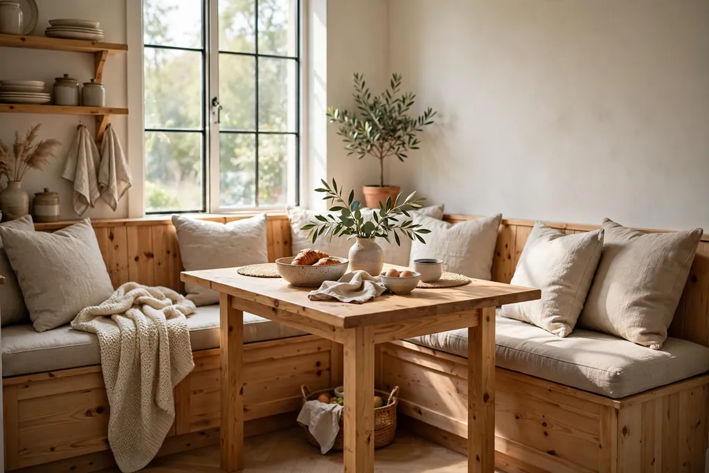 Kitchen breakfast corner with a fixed bench, pine table, and window light.