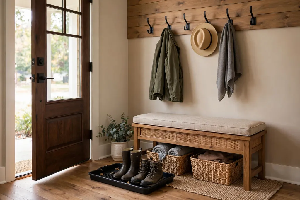 Entry with a wood bench, wall hooks, and a boot tray by the door.