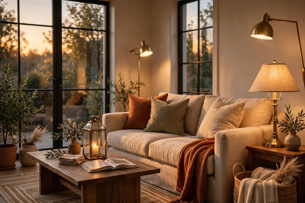 Living room in warm evening light with brass lamps and a glass lantern.