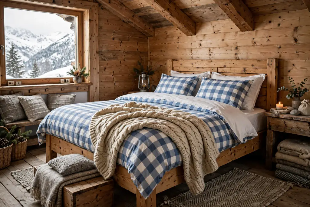 Alpine bedroom with a pine bed, checked bedding, and a wool throw.