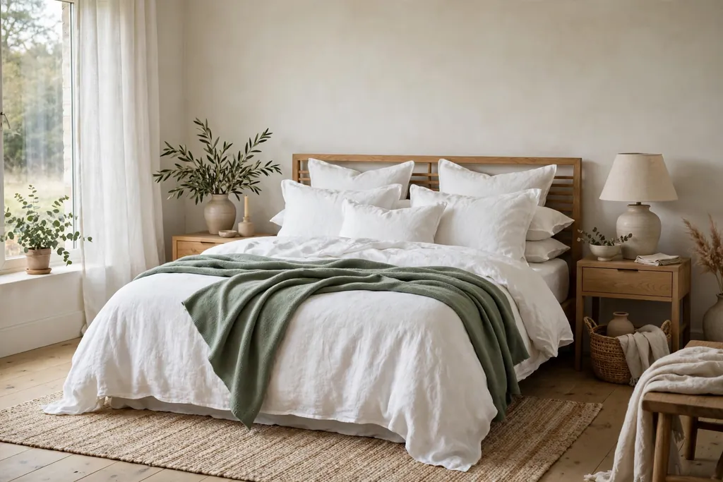 Bedroom with white linen bedding and a sage green throw.
