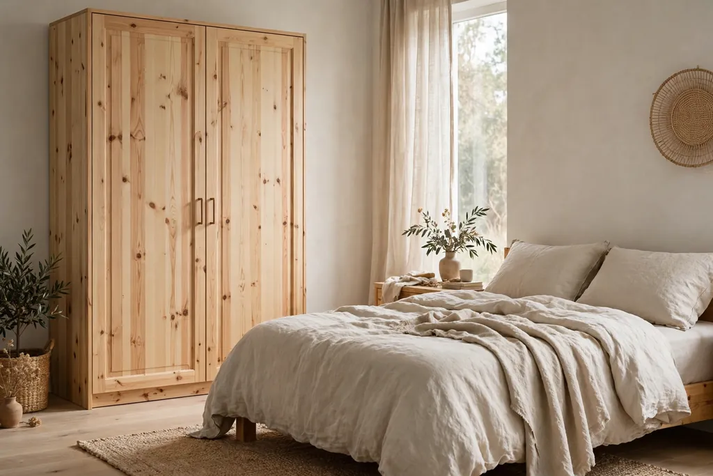 Bedroom with a tall pine wardrobe beside a bed with linen bedding.
