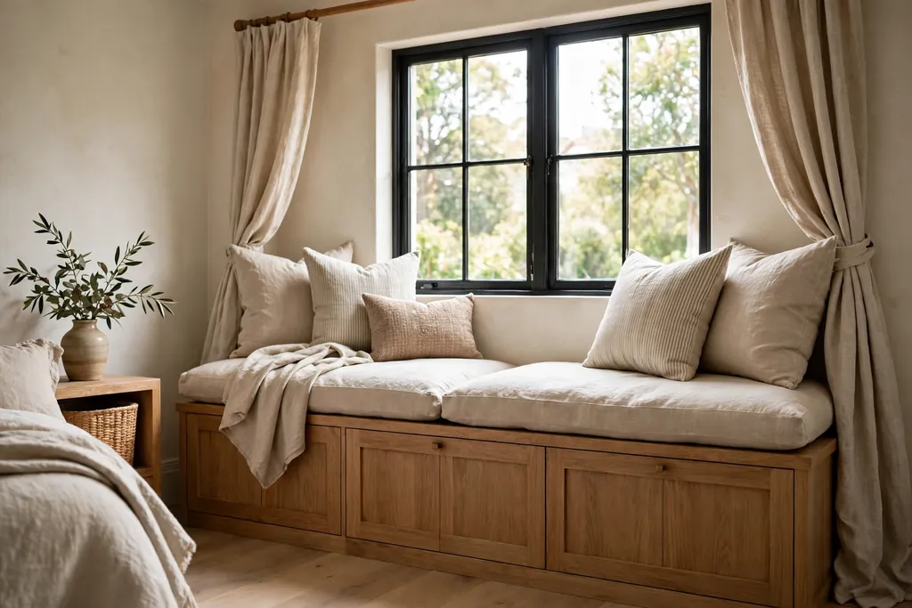 Bedroom window seat with linen cushions and storage below.
