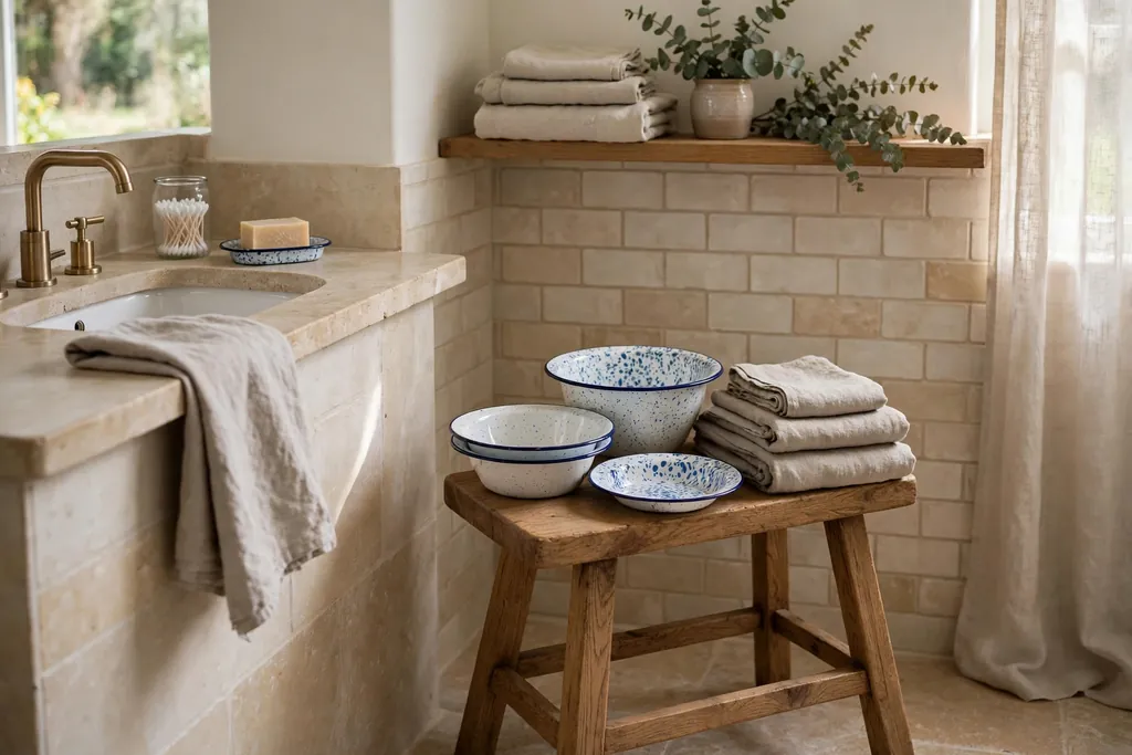 Bathroom with a wood stool, enamel dishes, and folded linen towels.