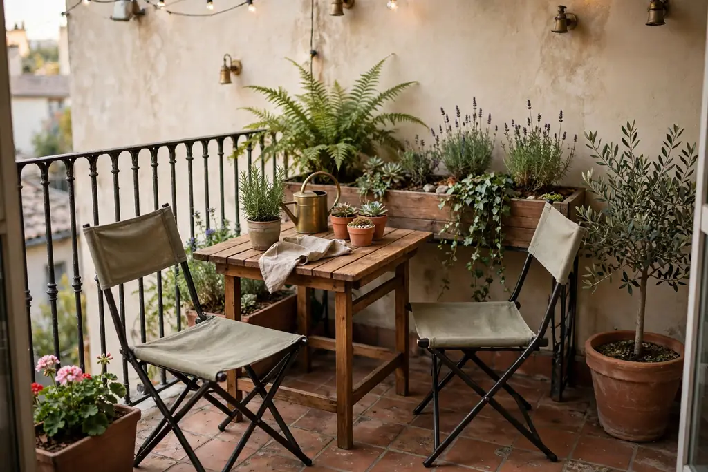 Small balcony with a wood table, folding chairs, and planters.