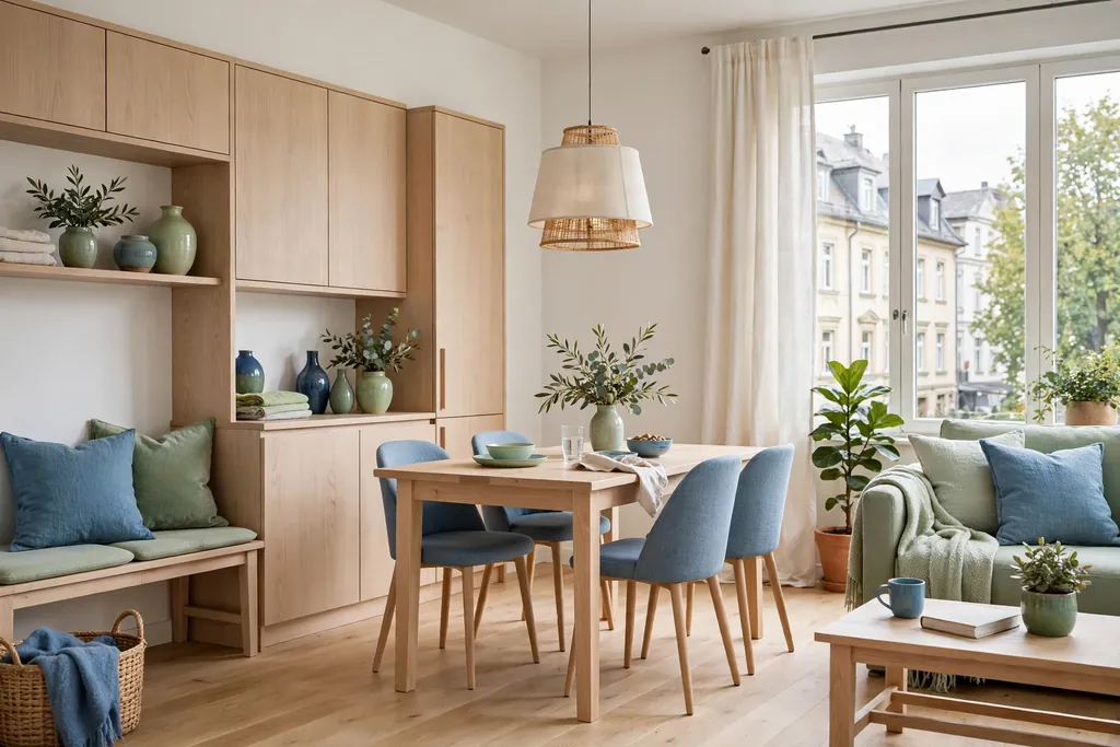 German home interior in warm white, pale oak, soft green, and blue.