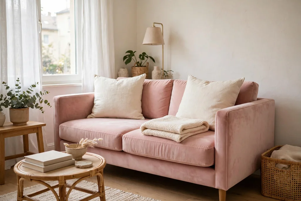 Blush pink velvet sofa with cream cushions and a folded throw in a bright apartment living room.
