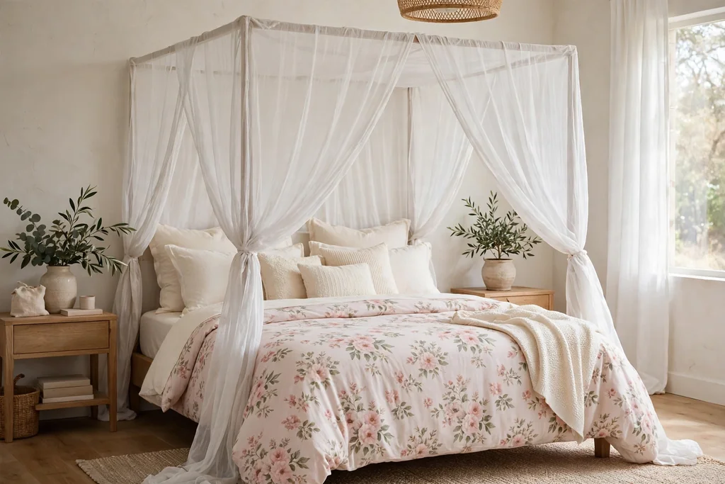 Bed dressed with sheer white canopy drapes, blush floral bedding and cream cushions.