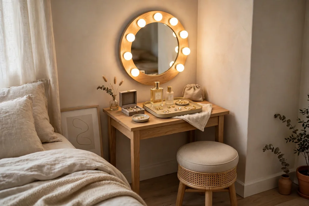 Small vanity corner with a desk, round mirror with warm lights, stool and a tray with perfume and jewelry.