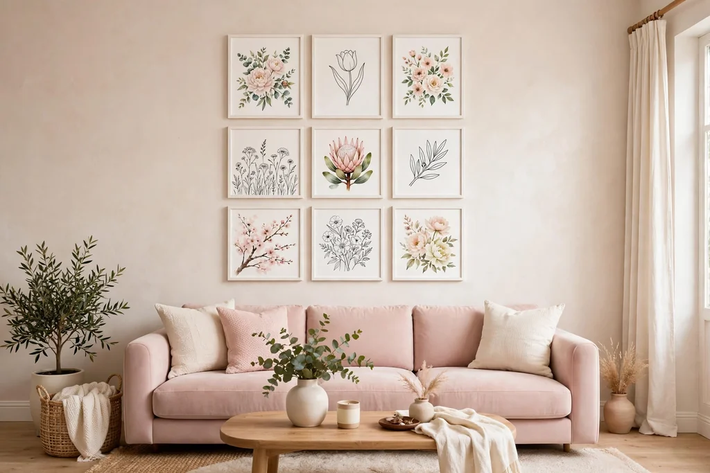 Gallery wall of framed floral and line art prints in white frames above a sofa.