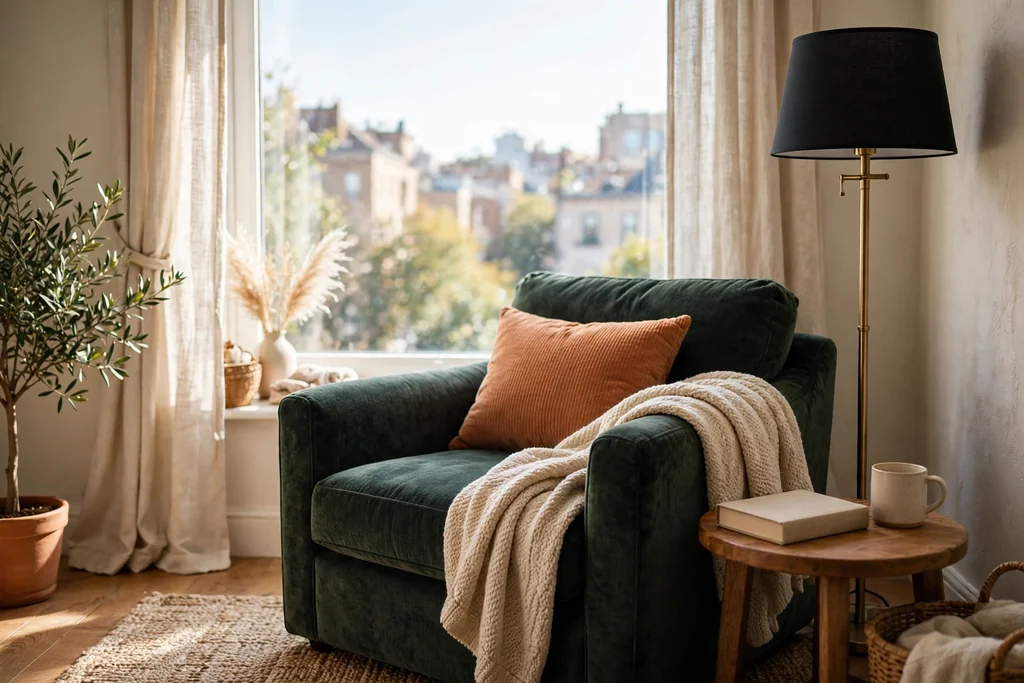 Cozy reading nook by a bright window with a deep armchair, floor lamp and small side table with a book.
