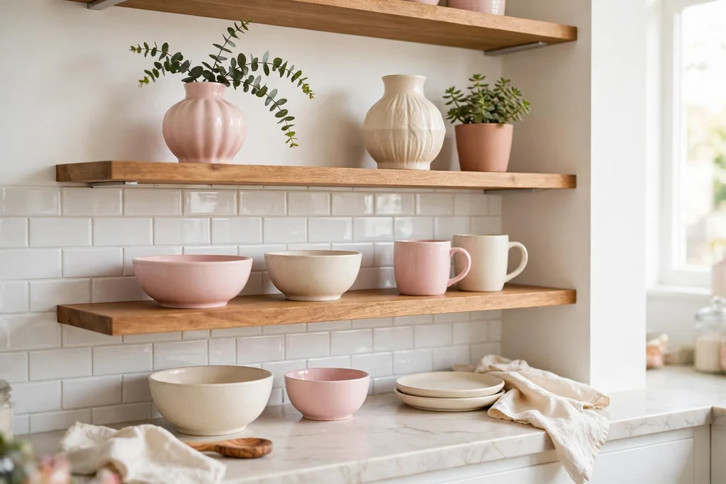 Open kitchen shelves styled with pastel pink and cream ceramic bowls, mugs and vases and a small plant.