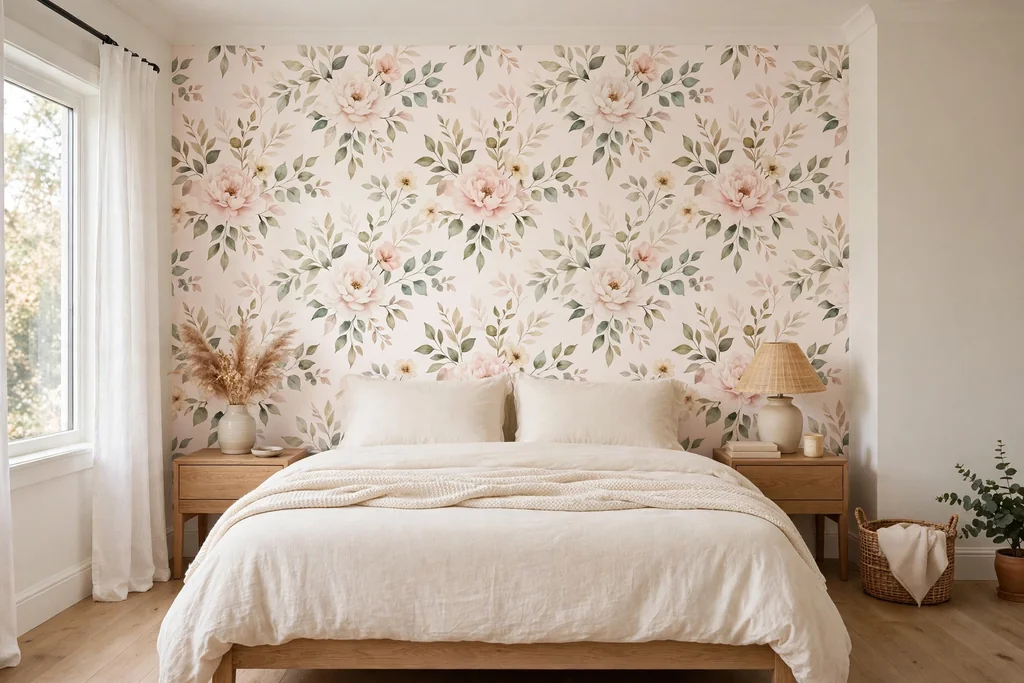 Bedroom with a blush and cream floral accent wall behind a bed with plain cream bedding.