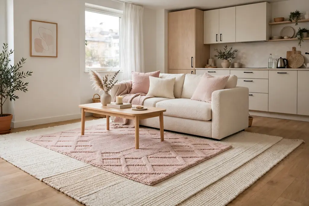 Open plan apartment living area with layered cream and blush rugs marking a sofa zone.