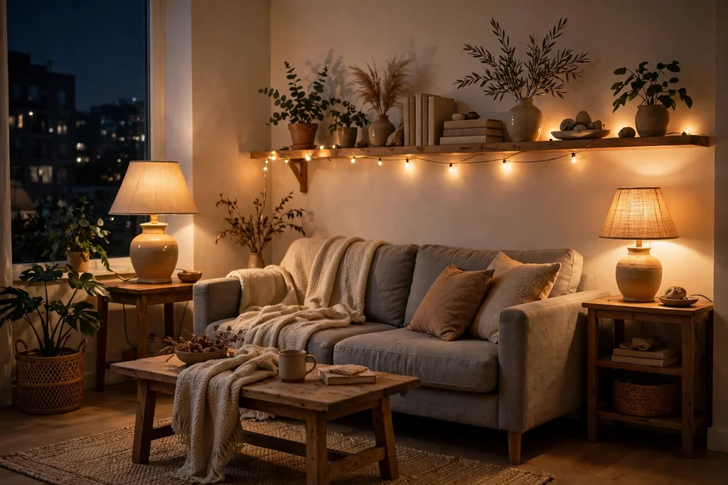 Apartment room in the evening lit by warm table lamps and a short string of warm white lights along a shelf.
