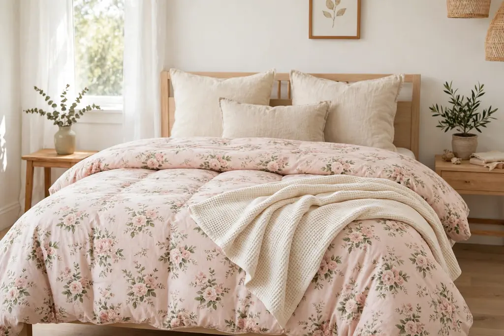 Bed with blush floral bedding, a cream waffle throw folded back and linen cushions.