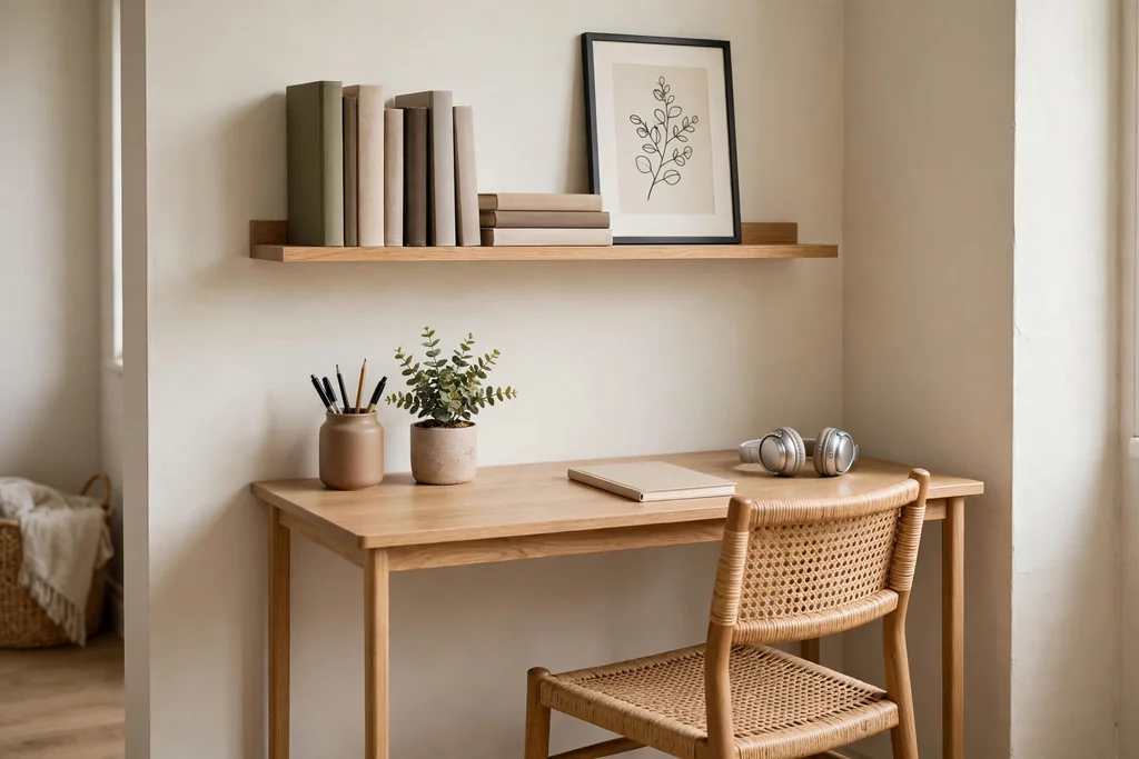 Tidy small desk corner with a slim desk, chair tucked under, wall shelf with books, a pen pot and a small plant.