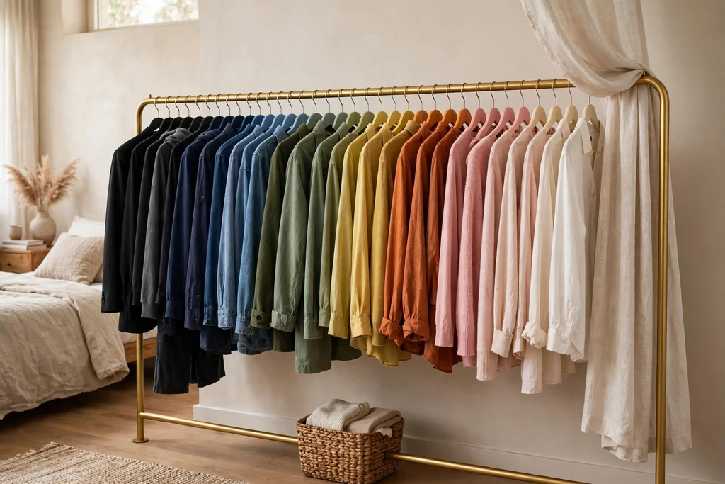 Open gold clothing rail with clothes hung by color on matching hangers and a light curtain partly covering one end.